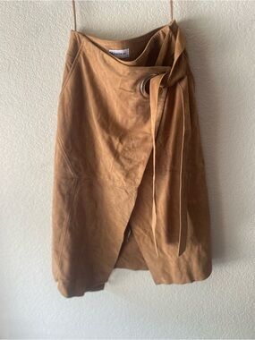 Vintage Boho Featival Cowgirl Tan Leather Wrap Midi Skirt